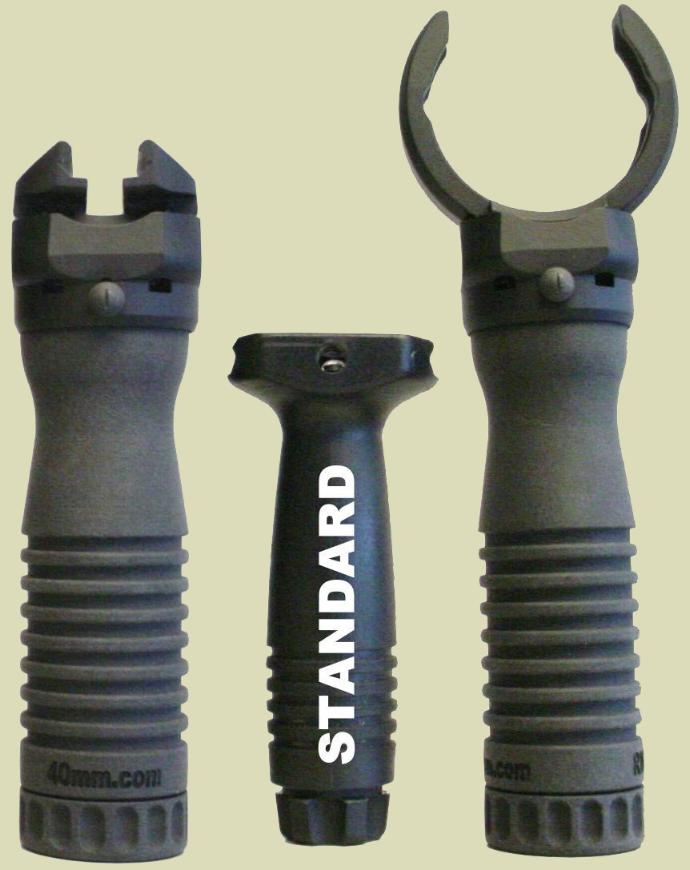 Picture of the Battery Handle on the M203 foregrip and the RM Rifle Rail handgrip compared to the standard plastic issued forward handgrip used on the M4 and M16 rifles.