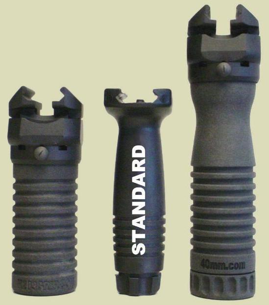 Picture of the RM Rail Grip handle varieties compared to the standard issue forward handgrip.