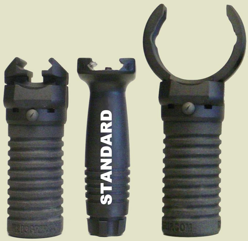 Photo comparing the standard issue forward handgrip to the RM foregrips using the Tactical Handle.