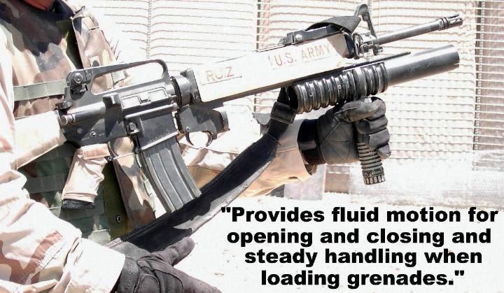 Photograph demonstrating benefits of using the M203grip on the M203 40mm grenade launcher.  The handle has been designed for optimum comfort and control.  The M203 40mm grenade launcher with the M203grip provides fluid motion for opening and closing and steady handling when loading grenades. M203grip is manufactured by RM Equipment.