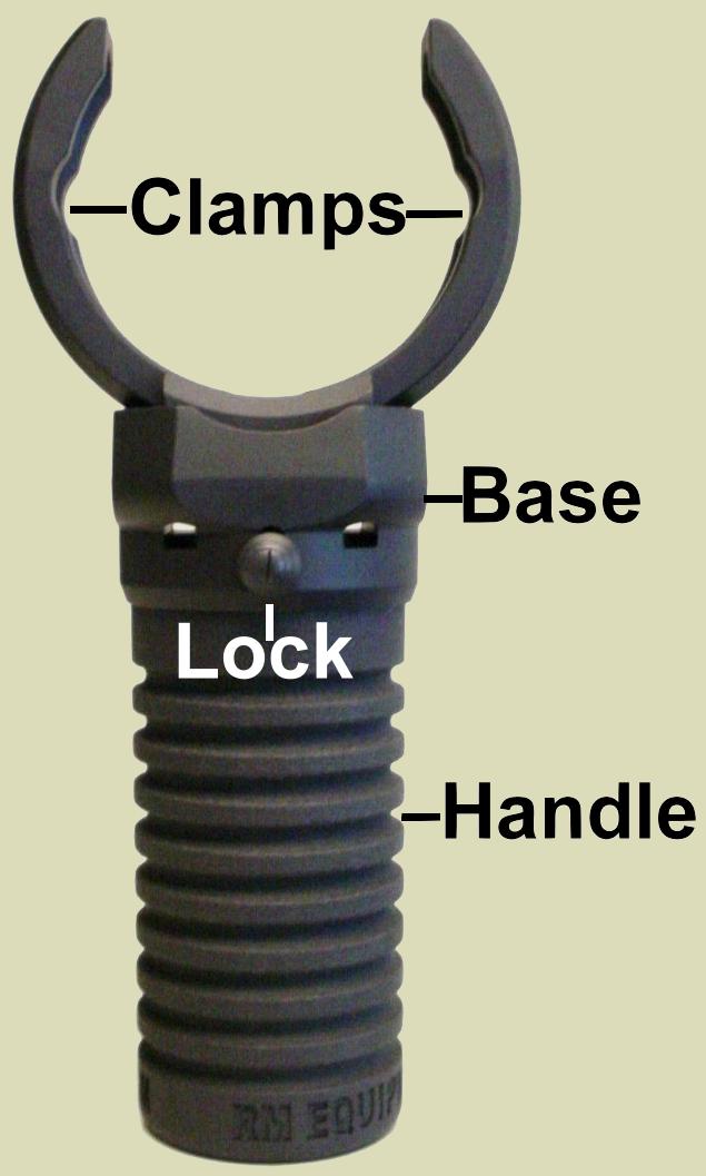 M203grip photograph identifying its parts.  The M203grip can be easily attached to any M203-type (M203, M203A1, M203PI) 40mm grenade launcher without tools and without alteration to the grenade launcher. The M203 forward assist handgrip is manufactured by RM Equipment, Inc.